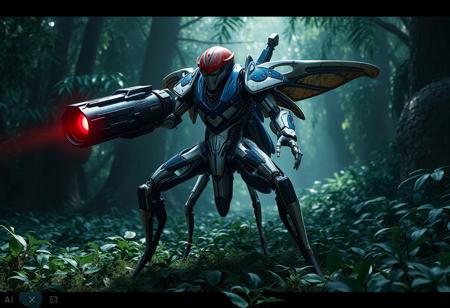 epic details Epic biomechanical insectoid warrior, cobalt & white armor, red helmet, laser cannon arm, dynamic wide stance, limbs spread, standing on dense forest floor. Overgrown veridian foliage background, dappled light, intricate details, dramatic contrast. Cinematic octane render, unreal engine 5, trending on Artstation, CGSociety, high-res, detailed, atmospheric lighting, epic composition, high quality, sharp focus.