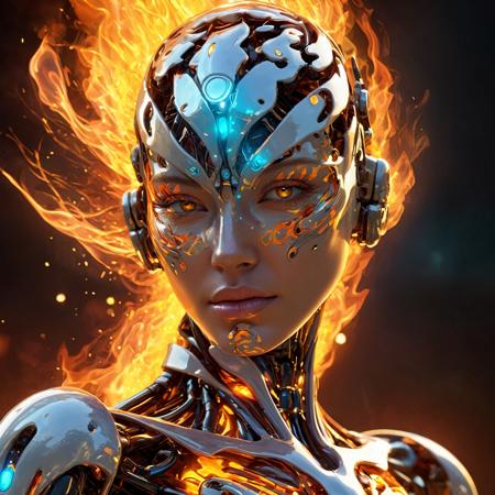 Human anatomy, (fragmented body parts, 3d flames fragmentation of body, flames and orbs breaking off face, cgi surreal masterpiece, vibrant colors, rim lighting, magical fragmentation, biosphere decomposition, high detail, floating parts:1.4), detailed cosmic background, fractal art, galaxy light vision, 16k, astral concept art, sharp lines, intricate, sophisticated, female,  <lora:add-detail-xl:0.64>,  fiery glow, fiery eyes, android, cyborg, supernova, dynamic angle, from side,