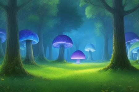 masterpiece, best quality, landscape of a magical forest, giant glowing mushrooms, artstation, high resolution, detailed