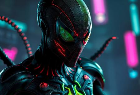 "Create a hyper-realistic, detailed spider-man-inspired character with a zero dark neon color scheme and dragon nails, set in a dark neon-colored universe. The character has green skin and a slender, symmetrical body like a saint or 'x-man.' Utilize the golden ratio, intricate textures, and soft lighting reminiscent of Greg Rutkowski's style. The character's costume is a unique, stylized take on classic superhero suits. Incorporate alien elements, possibly through a symbiotic relationship or unique alien breed. The final artwork should be highly detailed, rendered with Octane or Unreal Engine, and have a cinematic, key art feel. Consider incorporating redshift render, volumetric lighting, and high contrast for added visual impact."
