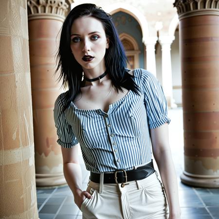 pale beauty, (close up analogue photo) of a beautiful 20 years ((Goth)) woman with ((black hair)) and (((pale skin))), <lora:Brenna_SDXL:0.8>, <lora:Pale_Beauty:0.2>, she has white makeup, dark lipstick and eyeshadow, ((pale skin)), (blue eyes) woman, ((oval face)), black haired woman ,perfect face, sexy pose, wearing Striped Breton top, High-waisted jeans, Ballet flats, Crossbody bag, Sunglasses, Leather belt, perfect eyes, detailed eyes, detailed iris, realistic skins absolute perfect tits, soft tits, natural tits, Goth hair,,low light, soft natural light, Rembrandt style light, Hasselblad DLSR camera, 200mm Zeiss lens, f/2.8 ,Sexy pose, erotic pose, exhibitionism ,The Hagia Sophia in Istanbul with its grand domes and mosaics