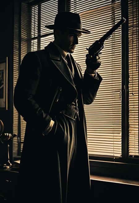A private detective peering out a blinds-lit window, revolver in hand, romantic noir atmosphere, stylized figures, bold silhouettes, moody lighting, vintage fashion, expressive linework, dramatic poses, dynamic compositions, cinematic storytelling, muted color tones, 20th-century elegance, comic-style shading, narrative tension, windswept settings