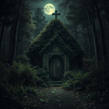 8k, source_photo, source_real, traditional media, real life photo, small abandoned chapel, covered in vines and overgrown with bushes, dark, moonlight, faint glowing mystical runes, forest clearing, dark and foreboding, dread and danger, medieval, dungeons and dragons, real photo