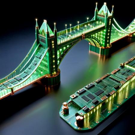 London Bridge reimagined as a futuristic circuit board structure. The towering bridge is constructed from translucent green PCB layers, with elegantly etched copper traces forming hydraulic mechanisms. Surface-mount capacitors serve as pivot points, miniature LEDs glow along the joints, and integrated circuit “hydraulic” lines pulse with energy.