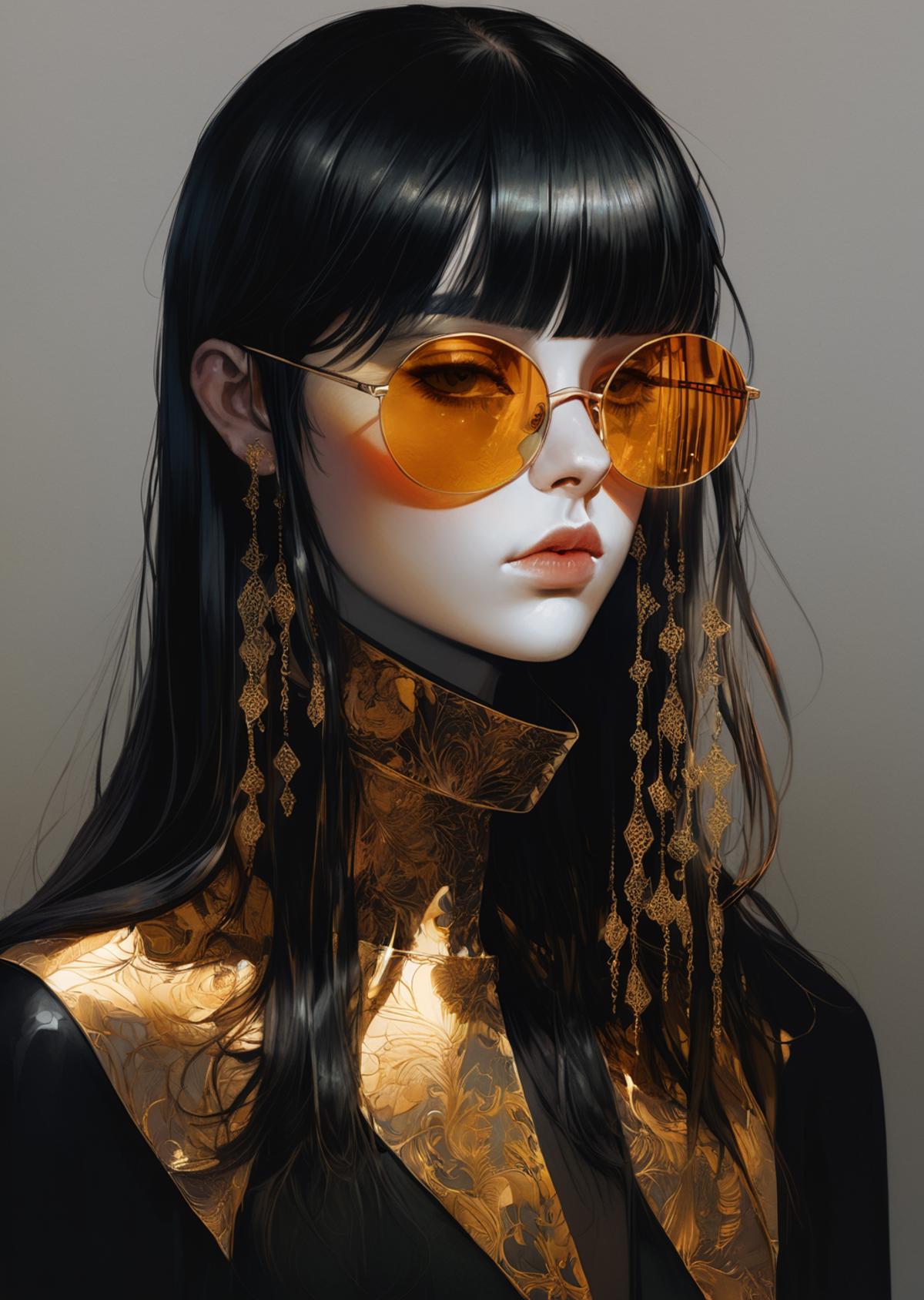A woman with black hair and yellow sunglasses, wearing gold jewelry and a gold shirt.