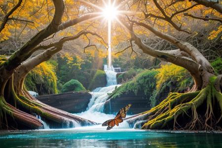 An imaginary world bursts forth in a breathtaking tableau of lush vibrant life, Towering trees stand tall and proud, their branches reaching towards the heavens, cascading waterfalls glisten in the sunlight, frozen in mid-fall like crystalline sculptures, exotic flowers bloom in a riot of colors, delicate petals captured in exquisite detail a masterpiece of nature's design, butterflies hover mid-flight with their wings outstretched in a kaleidoscope of hues, birds perch on branches, gnarled roots twist and coil around rocks and fallen logs, Small mammals pause mid-scutter, fishes glide effortlessly through the tranquil waters, vitality and energy, every detail captured in vivid clarity, nature magnificence