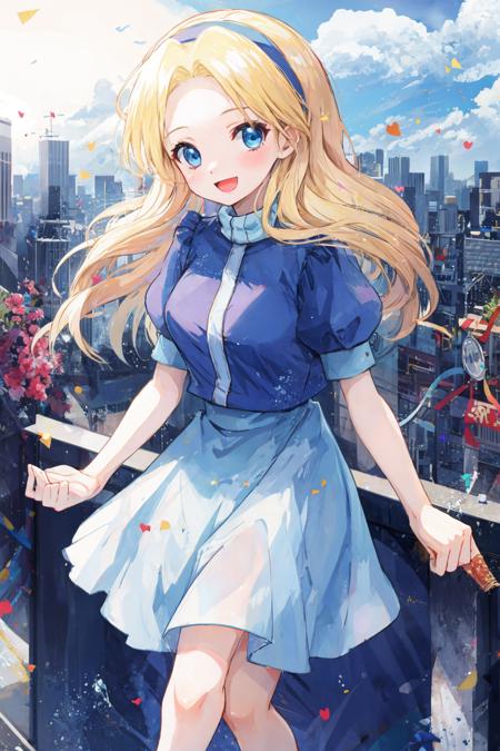 mariarobotnik, long hair, blonde hair, blue hair, hairband, blue dress, puffy sleeves, :d, looking at viewer, city <lora:maria_robotnik-v2:1>