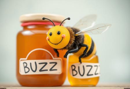 Smiling bee leaning on a honey jar, jar says "BUZZ" in bold letters,