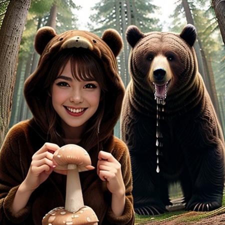 masterpiece, 
detailed portrait , 
1 girl and creature  BREAK 
(in front is (1girl,  )),
,(((holding mushroom,grabbing mushroom, standing in front of bear costume, brown fur, in forest, dripping saliva))),
BREAK 
(behind is bear costume, 1 woman, solo, blush, open mouth, brown hair, brown eyes, smile),
(evil smile,evil grin,clenched teeth, looking down, sexually suggestive,
sharp focus, depth of field,