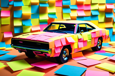 Jed-StickyN, Dodge Charger made of sticky notes, muscular build, modern city with neon lights, detailed background, best quality, vibrant colors, realistic style, high detail, hyper-realistic, highres, 4K resolution, realistic photo, masterpiece, ultra-detailed, sunlit tones, warm light, dynamic angle, wide shot, <lora:StickyNotesStyle:1>
