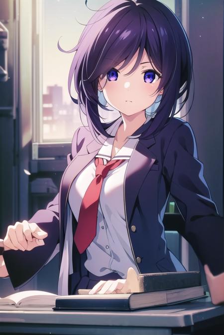 miokunosato, <lyco:miokunosato-LYCORIStest:1>,
mio kunosato, long hair, black hair, very long hair, (purple eyes:1.1), ponytail,
BREAK school uniform, necktie, labcoat,
BREAK looking at viewer, hands behind head,
BREAK indoors, classroom,
BREAK <lora:GoodHands-vanilla:1>, (masterpiece:1.2), best quality, high resolution, unity 8k wallpaper, (illustration:0.8), (beautiful detailed eyes:1.6), extremely detailed face, perfect lighting, extremely detailed CG, (perfect hands, perfect anatomy),