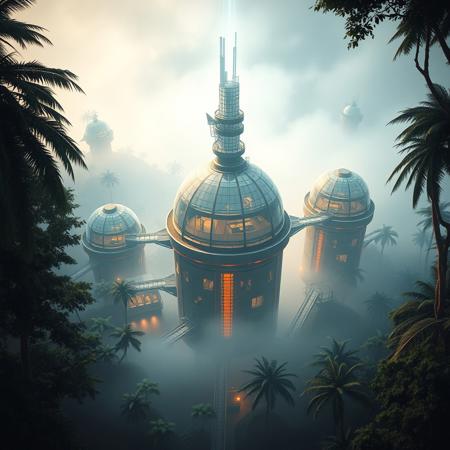 aerial view, a futuristic masive 3d multiple glass domes pipes and tower,research complex in a bright foggy jungle, hard lighting,