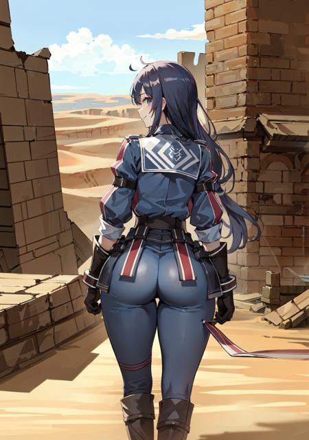 (masterpiece), best quality, 1 girl,solo, looking at viewer, desert, ruins,  pants,  smile, thick thighs, long hair, looking at viewer, gallia_uniform, from behind, <lora:gallia_uniform_80:0.6>,