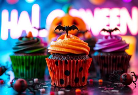 halloween colorful cupcakes in on the decorated table, 90mm lens close-up shot, neon lights on the background