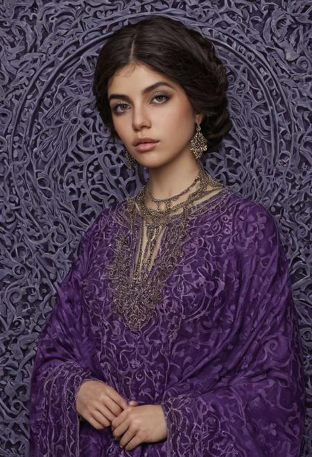 Persian Girl.(digital art by Tavar Zawacki  and John Copnall:1.2),
aesthetic of bio art, iconoclastic masterful creation,
well-executed details, exclusive atmosphere,
(dark purple and periwinkle colors:0.1),  (center composition:0.1),
<lora:add-detail-xl:1>  <lora:MJ52:0.5>