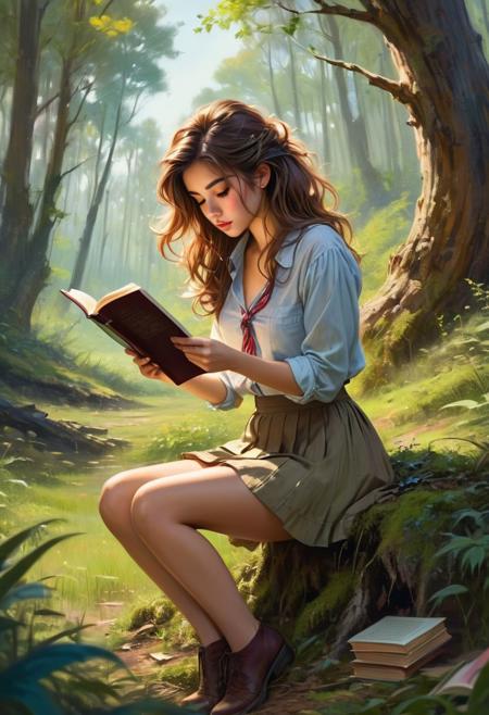 A 23 y.o. girl sitting in enchanted forest and reading a book, leaning backwards, (cleavage:0.8), side view, messy hair, short skimpy skirt, immodest, country side, beautiful colors in the landscape, semi-realistic, shirt tied in front, 1book, (the story coming to life around her)