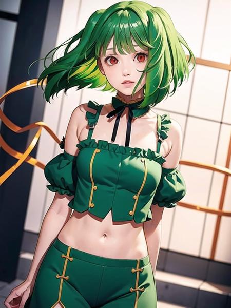 1girl, solo,(best quality),(masterpiece:1.1), full body, looking_at_viewer, dynamic angle, green hair, red eyes, neck_ribbon, cute, clear facial skin,