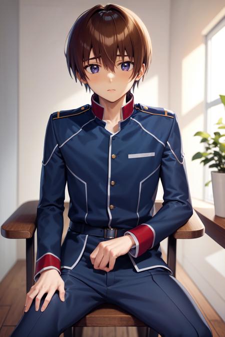 masterpiece, best quality, highres, solo male kira yamato, military uniform <lora:kira_yamato:1> sitting on chair