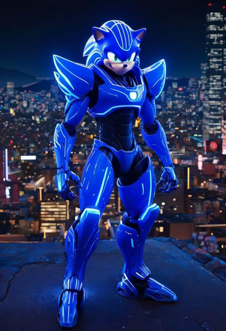 A captivating conceptual art piece that masterfully blends elements of ukiyo-e, anime, and dark fantasy. The central figure is a futuristic, anime-style Sonic the Hedgehog, fully transformed in a dazzling neon blue robotic armor. The intricate design of his robot suit is adorned with glowing accents, enhancing the vibrant neon color scheme. Sonic stands proudly amidst a bustling futuristic city, where neon lights illuminate the skyline and graffiti-covered walls add a touch of urban grit. The background reveals a blend of traditional ukiyo-e and modern anime aesthetics, creating a stunning visual contrast. The overall atmosphere is cinematic and evocative, drawing the viewer into Sonic's world of high-speed adventure and danger., anime, illustration, vibrant, 3d render, photo, cinematic, dark fantasy, graffiti, ukiyo-e, painting, conceptual art