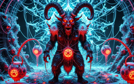 Krampus demon with red and white fur, demonic horns, glowing RGB eyes, neon chains wrapped around his limbs, dripping acid from his claws, standing in a cybernetic hellscape, glitchy snowflakes, radioactive sack with screaming children, glowing fractal pentagrams, neon skulls, reflective metallic ground, surreal bright colors, techno-horror aesthetic  <lora:fluxenhancer:1> <lora:midjourney_whisper_flux_lora_v01:1> <lora:ral-frctlgmtry:1> <lora:sameface2:-1>