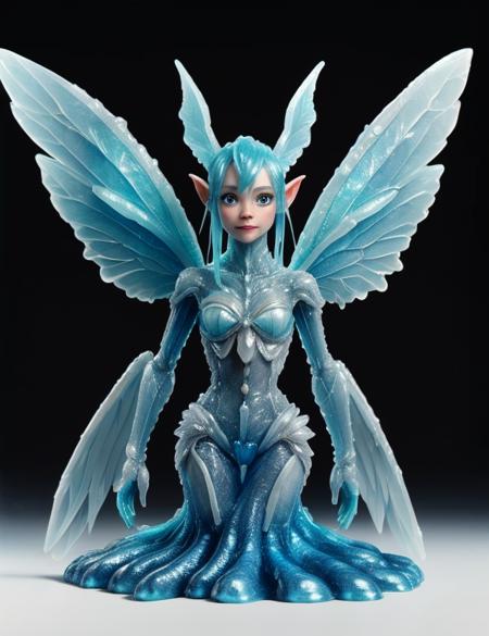 hyper detailed masterpiece, dynamic, awesome quality, DonMFr0stSl1m3, frost, slime,amazon, tiny humanoid creature, delicate ethereal appearance, transparent iridescent wings, pointed ears, playful mischievous expression, nature inspired clothing, magical accessories, nature realm, mischievous, energetic
 <lora:DonMFr0stSl1m3:0.8>