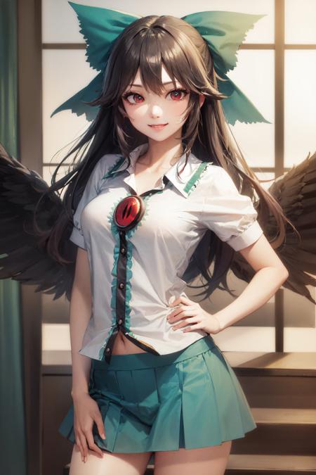 (masterpiece, best quality:1.2), <lora:touhou_reiuji-09:1>, cowboy shot, solo, 1girl, reiuji utsuho, third eye, smile, looking at viewer, hand on hip, hair bow, shirt, puffy short sleeves, skirt, wings