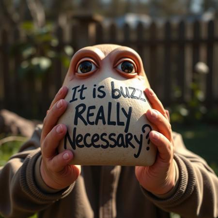 Living outdoor with hands written ‘It is Buzz Really Necessary?’, (focus on phase), it's a living thing, the outdoor have eyes and hands, use hyper realistic style, add light and shadow effects like a professional maker, make sure hands are anatomical correct.