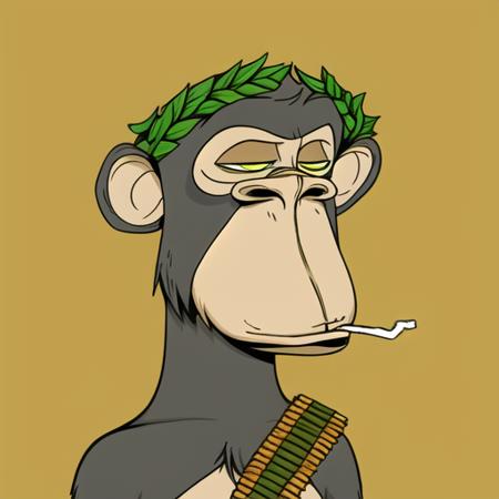 BAYC, ape, solo, flat yellow background, cigarette, laurel wreath, bandolier on right shoulder, gray fur, <lora:BAYC_LoRA:0.75>