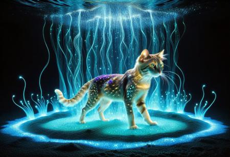 lazypos, A dog sculpted from living rainbow bioluminescence, its form woven from pulsating strands of energy that mimic rolling ocean waves frozen in mid-motion. Every muscle ripple glows with internal radiance, revealing veins of violet and gold beneath its translucent, jellyfish-like skin. Its whiskers stretch like filaments of molten silver, leaving shimmering trails of turquoise sparks in the air. Eyes are deep pools of glowing amber, refracting light like bioluminescent algae under moonlight, hypnotic and infinite. Paws unsheathe claws of condensed moonlight, each step leaving fleeting afterimages of glowing paw prints that dissolve like embers. Surrounding the creature, an ethereal forest glows in response: mushrooms pulse in rhythmic waves, willow tendrils drip liquid light, and the very air swims with floating dinoflagellate sparks. The cat arches its back in a dynamic leap, disrupting a curtain of hanging bioluminescent moss, particles scattering like a slow-motion supernova. Masterpiece-level hyper-detailed fur texture simulation, volumetric god rays slicing through the scene, cinematic shallow depth of field focusing on the cat’s blazing eyes.