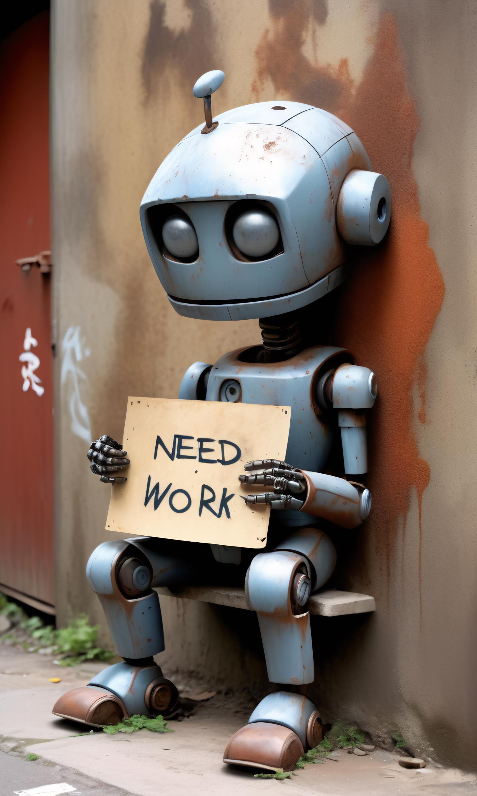 A robot holding a sign that reads "Need Work."