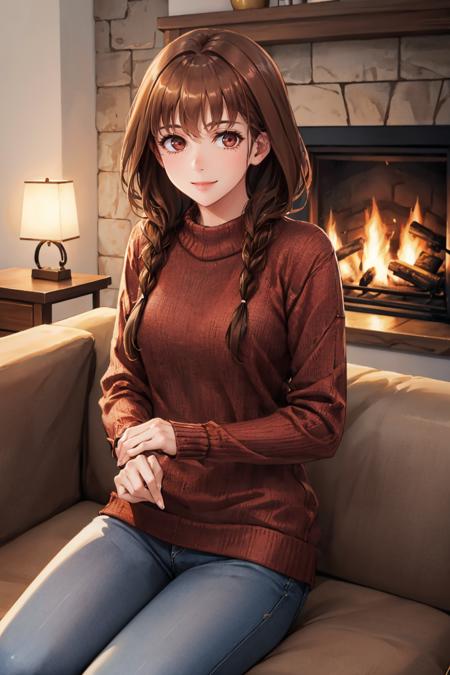 masterpiece, best quality,  <lora:maidane-nvwls-v1-000009:0.8> maidane, twin braids, red sweater, fur pants, smile, couch, night, indoors, fireplace, looking at viewer, painting