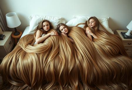 candid color photograph of a  group of stunningly beautiful horny college students with extremely long silky hair lounging together on their bed engaged in wrapping each other up in their hair. Their hair reaches all the way to the ground and is laid out along the ground and atop the bed. voluminous mounds of their hair cover them under a thick mound of amazing long long locks, the longest hair ever, meters of hair, longer than their feet, it trails behind them many meters along the ground