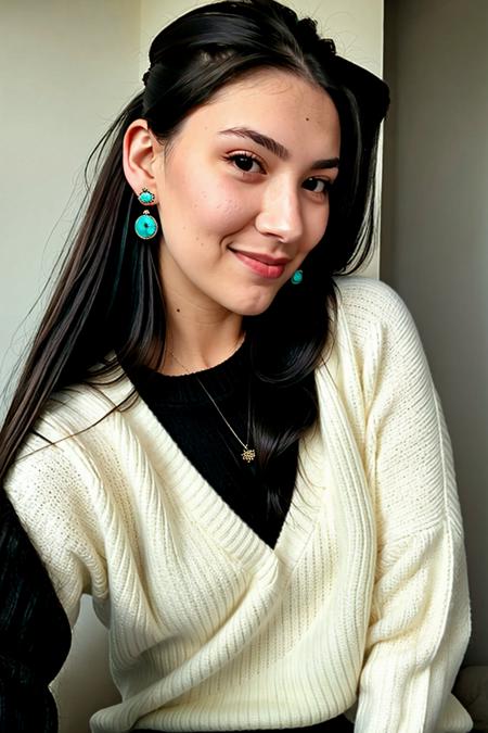 instagram photo, closeup face photo of 23 y.o Chloe in black sweater, cleavage, pale skin, (smile:0.4), hard shadows, <lora:sage:1> ,black hair, long hair, jewelry, brown eyes, earrings, ponytail, hair behind ear