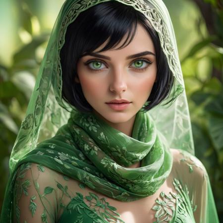 a woman with short black hair and green eyes, wearing a green dress, green scarf, see through veil intricate details, cinematic lighting, high-resolution, detailed textures, vibrant colors, sharp focus, dynamic lighting, serene expression, floral background, vibrant greens and soft skin tones