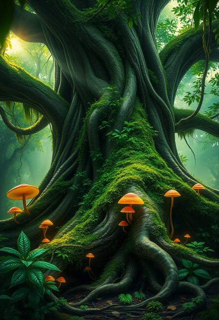 ancient tree, massive roots, gnarled bark, overgrown moss, (lush foliage:1.3), glowing mushrooms, bioluminescent insects, soft green light filtering through leaves, winding vines, dew-covered leaves, forest floor, detailed textures, (wood grain:1.5), vibrant colors, natural composition, (intricate roots:1.4), damp atmosphere, sun rays, misty background, (depth of field:1.2), highly detailed, photorealism, nature scene, organic forms, (blurry:-1.3), (ugly:-1.4), (lowres:-1.5), (flat colors:-1.6), (cartoon:-1.2), (sketch:-1.3), (monochrome:-1.4), (text:-1.4), (watermark:-1.5), (overexposed:-1.4)
