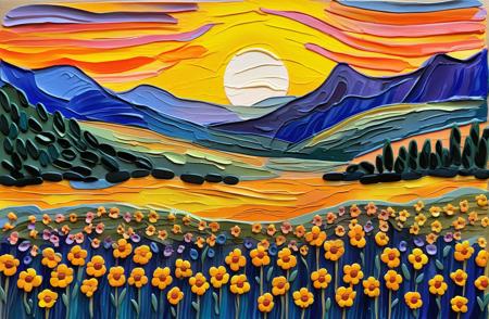 an  field of flowers in the mountains  at sunset  [<lora:FF-Style-Edvard-Munch-vpred:1.2> painting style of Edvard Munch
<lora:DD-made-of-clay-XL-v2:1> [ :made-of-clay, smooth shiny clay,:.2] saturated colors |   <lora:Dripping Art:1> Dripping Art page]