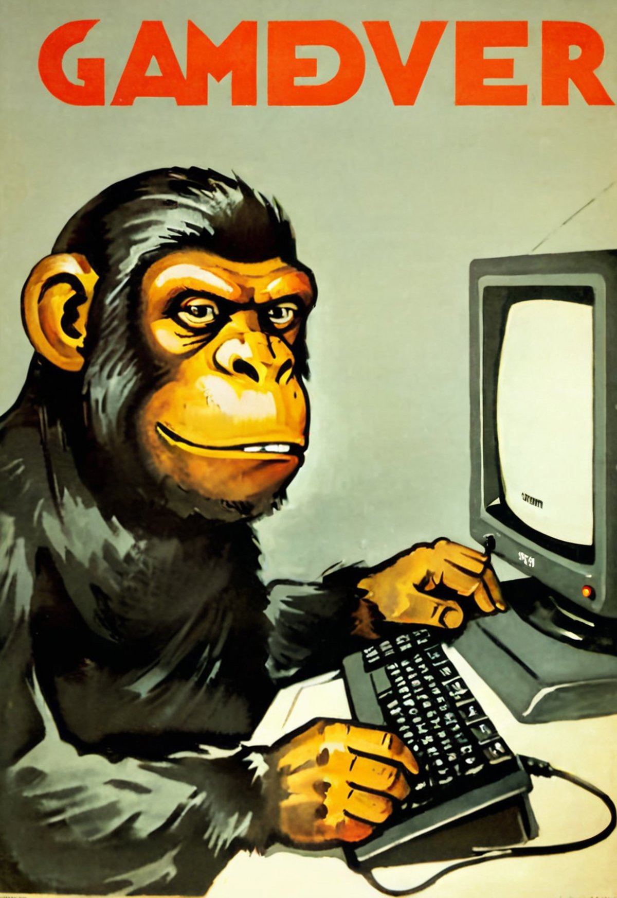 A chimpanzee using a computer keyboard on a desk.