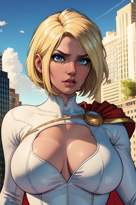 kara, short blonde hair, blue eyes, white leotard,  large breasts, shoulder cape,  cleavage cutout, 
standing, upper body, solo, morning, metropolis city, cloudy sky, serious, 
 (insanely detailed, beautiful detailed face, masterpiece, best quality), 
 <lora:supergirl128:0.8>