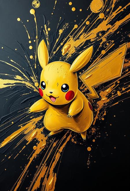 A hyper-stylistic, extremely detailed image depicts a breathtaking painting, crafted from a combination of smeared black and gold metallic paint. A Pikachu is captured in a streaked motion, as if it is moving rapidly in one direction. The black paint is applied in bold, dynamic strokes, creating a sense of energy and movement that is contrasted beautifully by the golden accents. The gold paint is used to highlight the Pikachu's features, adding a sense of depth and dimensionality to the image. The overall effect is one of breathtaking, surreal dynamism, as if the viewer has captured a fleeting moment in time. Every detail of the image is meticulously crafted, from the delicate, swirling patterns of the gold paint to the intricate, textured patterns of the black paint. The contrasts between light and dark, color and texture, create a sense of tension and energy that draws the viewer in, inviting them to explore the kinetic world of the painting. highest-Quality, intricate details, visually stunning, Masterpiece