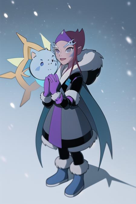 <lora:ester-06:1> ester, facing front, front view,  full body, snowing, hood up, wearing hood, wearing mittens, holding snowflake, snowflake between hands, looking into hands, snowflake glowing blue, dark background, snowing, solo, masterpiece, best quality