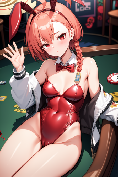 neru, red eyes, orange hair, short hair, huge ahoge, braid, single braid, stud earrings, halo sukajan, print jacket, playboy bunny, red leotard, fake animal ears, bunny ears, detached collar, red bowtie