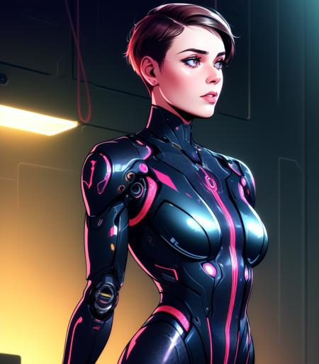 masterpiece, best quality, high quality, colored lineart, (realistic), detailed lips, detailed face, detailed eyes, 1girl, bodysuit mechanical arms, cyborg, wires, cables, mechanical legs, pubic hair, standing, short hair, pale skin, toned, female pubic hair, starship interior, cyberpunk, neon lights