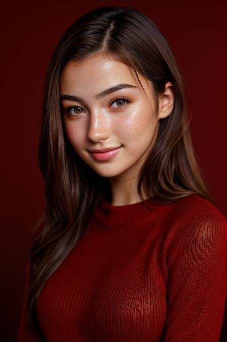 award-winning, professional headshot photo of beautiful ol1v1acasta beaming smile, skin pores, with sparkly (brown eyes), (freckles:0.6), wearing a (red sweater:1.2), looking at viewer, a woman as a movie star, (simple background:1.4), dark moody ambiance, (masterpiece:1.2) (photorealistic:1.2) (bokeh) (best quality) (detailed skin:1.2) (intricate details) (nighttime) (8k) (HDR) (cinematic lighting) (sharp focus), (looking at the camera:1.1), (closeup portrait:1.1), hyperrealistic photography, photographed on a Sony a9 II Mirrorless Camera, 50mm prime lens, F/1.4, (highly detailed), cinestill 800, 8mm film grain, dynamic angle,