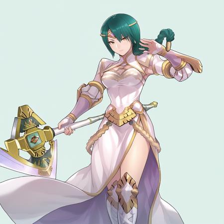 Thorr_FEH green hair, yellow eyes, braided ponytail, hair ornament,white footwear, detached sleeves, battle axe, high heel boots,knee boots, white dress, side slit,circlet