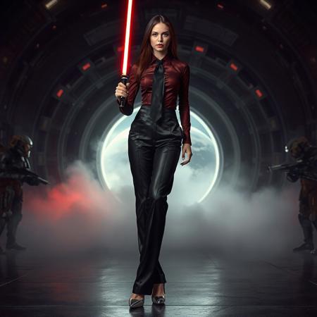 slender arrogant cold femme fatal lady wearing rich luxurious black glossy satin trouser suite, small size opulent glossy high heels, wine red  shirt, black silk tie, jewels, elegant small light saber, posing  standing, giant portal to outer space, fog from the floor, empire spaceship hangar, surrounded by halo odst troopers, fashion look, hollywood, vogue makeup, porcelain skin, long haired, ultrathin waisym reminiscent of H.R. Giger, Zdzisław Beksinski, and Ash Thorp's dark, sleek styles, with close-up glamour photography, glossy satin and silver heels glistening, fleshy slime dripping, and dark shadows.