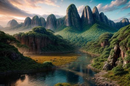 beautiful enchanting landscape, 32k, UHD, jungle, mountains, lake, masterpiece, ultimate quality, sharp focus, beautiful scenery, highres, highly detailed, superrealistic, photorealistic, digital painting, concept art, intricated details, absurdres, epic, highiest texture resolution, detailed scenery, hyperrealistic, cinematic lighting, vivid colors, dynamic angle