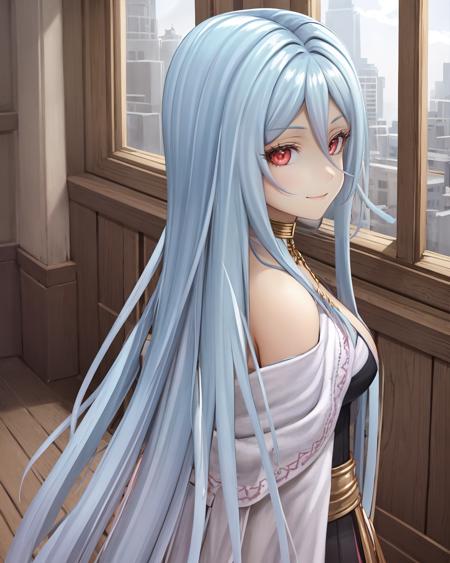 best quality, (masterpiece:1.2), illustration, absurdres, 
(1girl), (solo), (beautiful detailed girl), (upper body, portrait), from behind,
<lora:Grandmaster-10:0.9>, Grandmaster, pale blue hair, long hair, very long hair, red eyes, medium breasts,
white shawl, white cloak, black dress, long sleeves, ruffles, jewelry, choker, pantyhose, red high heels,
gentle smile,  looking at viewer,
inside trendy cafe, window, day, godrays, sunlight, buildings,