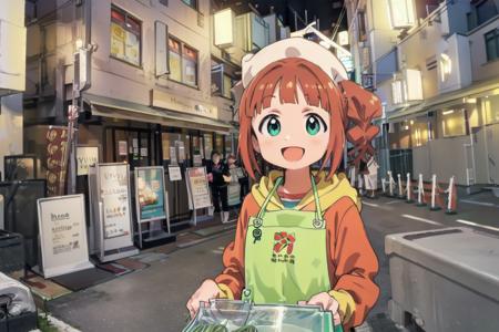 best quality, ultra-detailed, illustration,
yayoiken, storefront,  scenery, outdoors, street, building, sign, door, utility pole, shop, city, power lines, lamppost
1girl, yayoi takatsuki,  hoodie, apron, looking at viewer, smile, :d