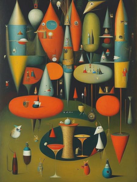 <lyco:VictorBrauner:1.0> painting by Victor Brauner with wild beasts with many drinks, with human faces, surrealism, long tails