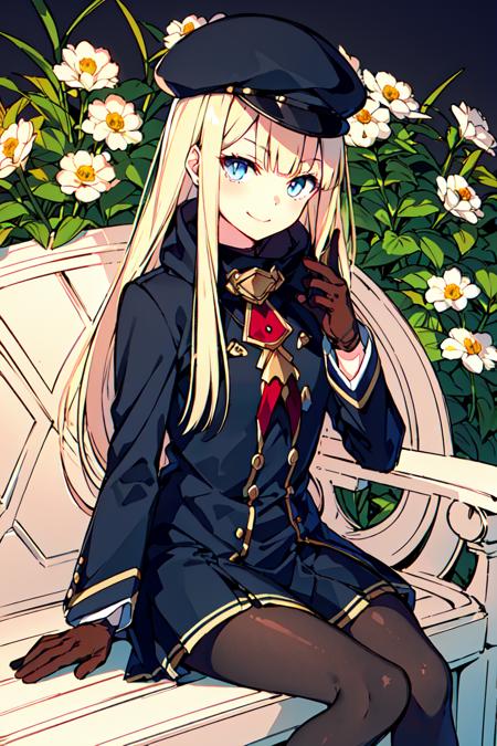 <lora:Toosaka Asagi:0.8>reines el-melloi archisorte, 1girl, solo, long hair, pantyhose, blonde hair, gloves, smile, hat, blue eyes, brown gloves, looking at viewer, sitting, flower, bangs, tilted headwear, long sleeves, black pantyhose, black headwear, closed mouth, dress